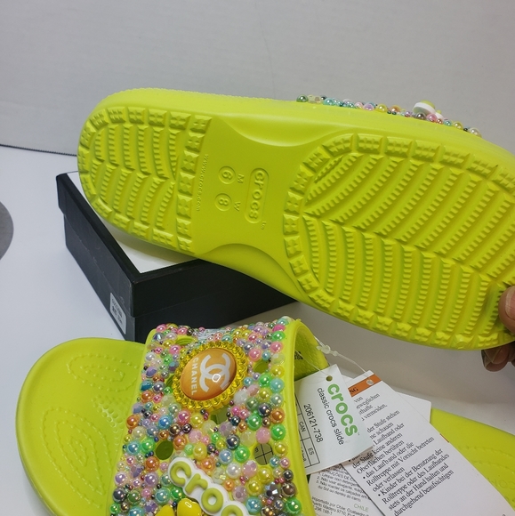 Custom Croc Slides,lime green bling size 8 - Picture 2 of 4
